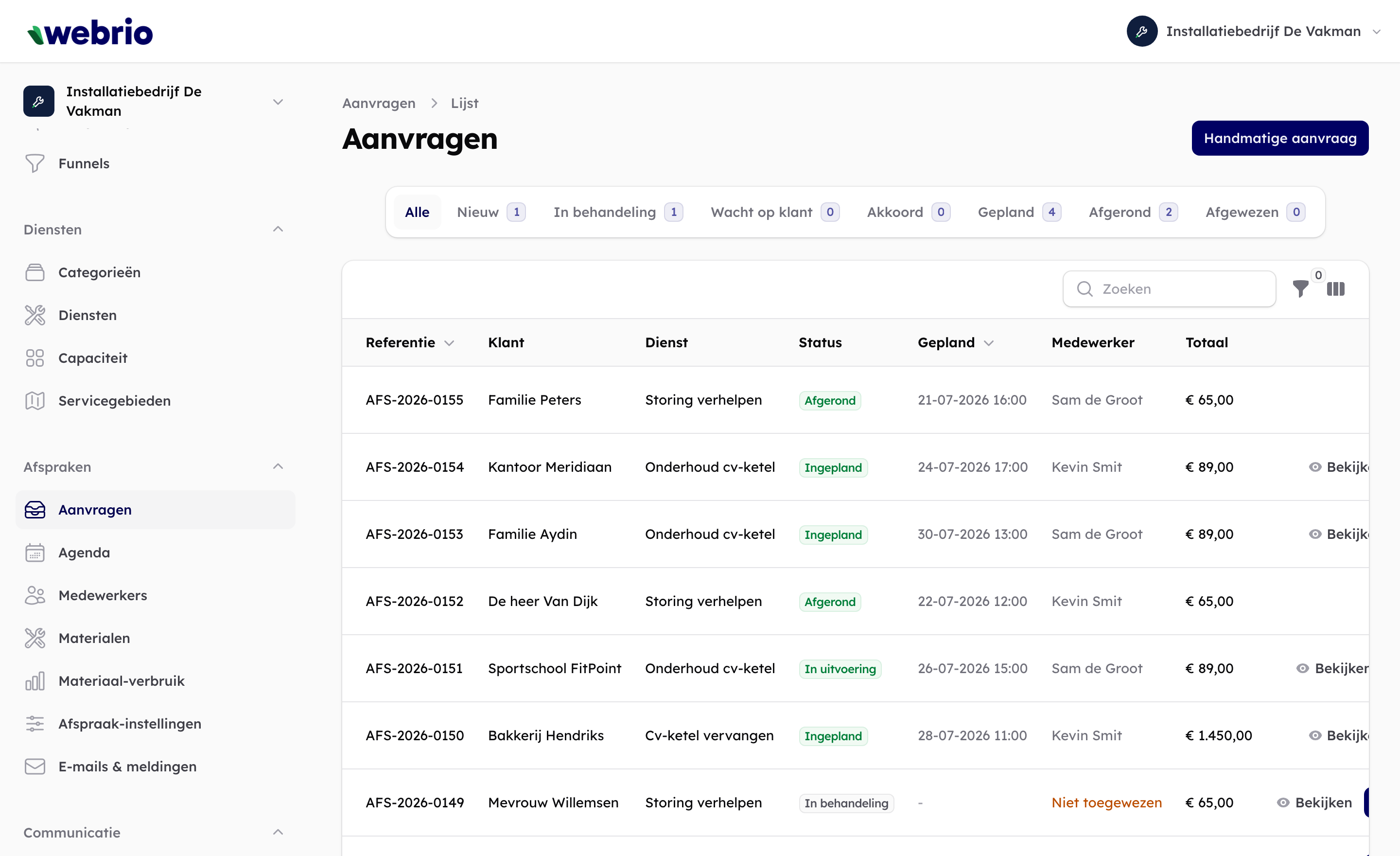 Webrio-dashboard: Aanvragen die binnenkomen