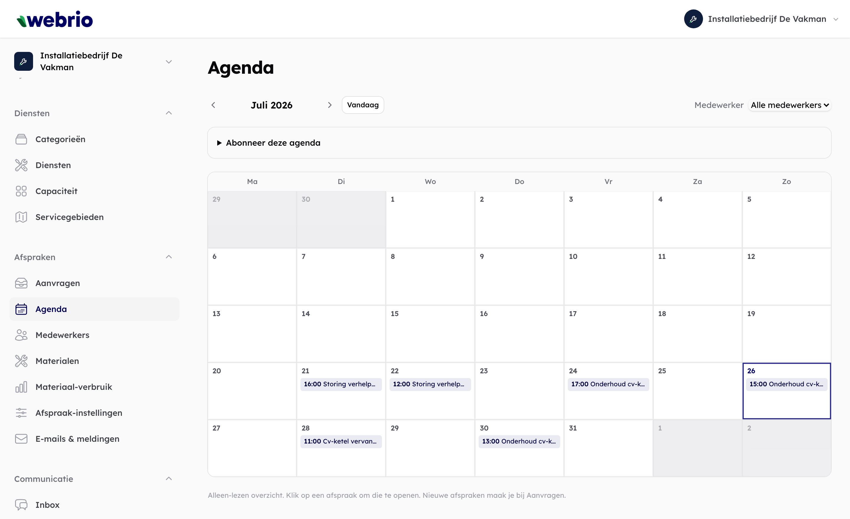 Webrio-dashboard: Planning en agenda