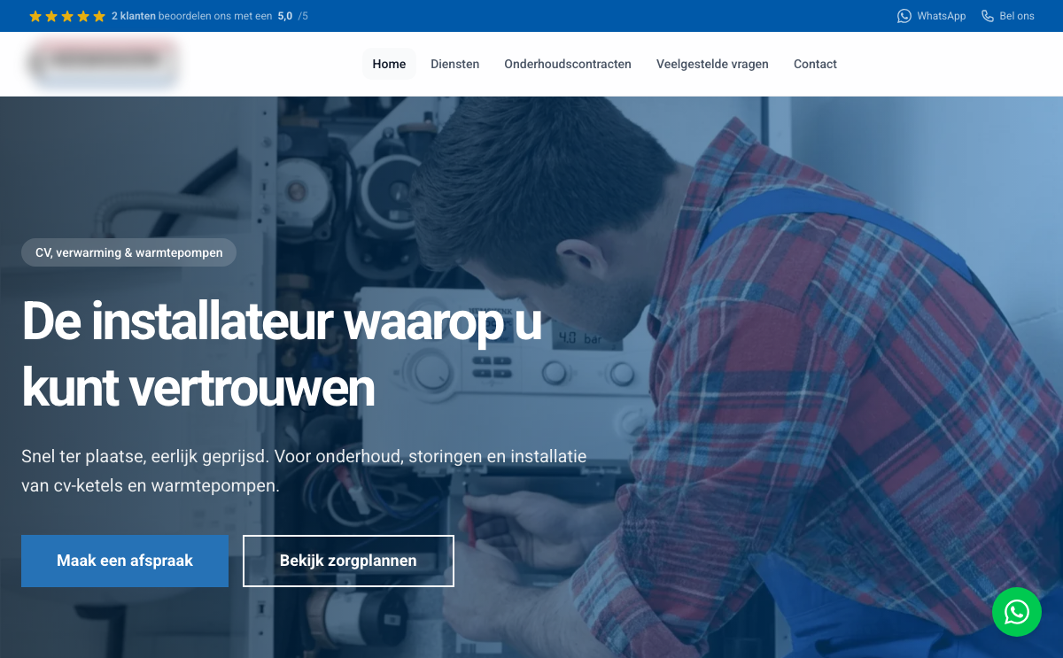 Voorbeeld van een Webrio-site: Installateur (cv en warmtepompen)