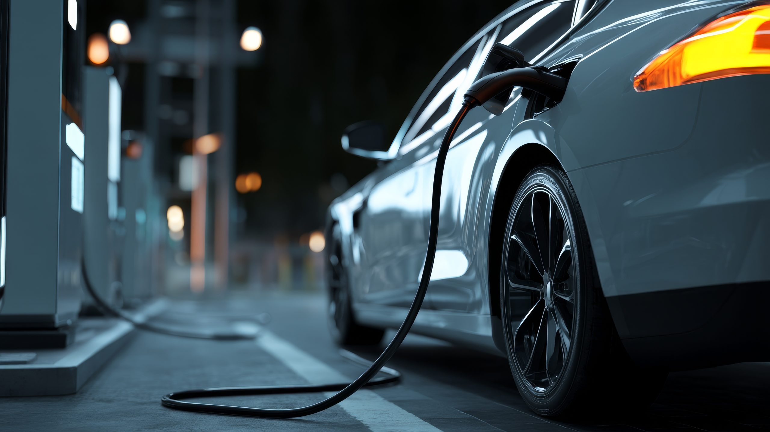 EV-auto of elektrisch voertuig bij een laadstation met de elektrische laadpaal aan huis aangesloten.